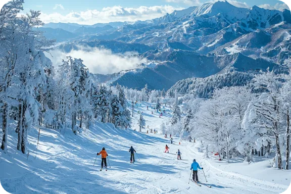 スキー場でスキーを楽しむ人達